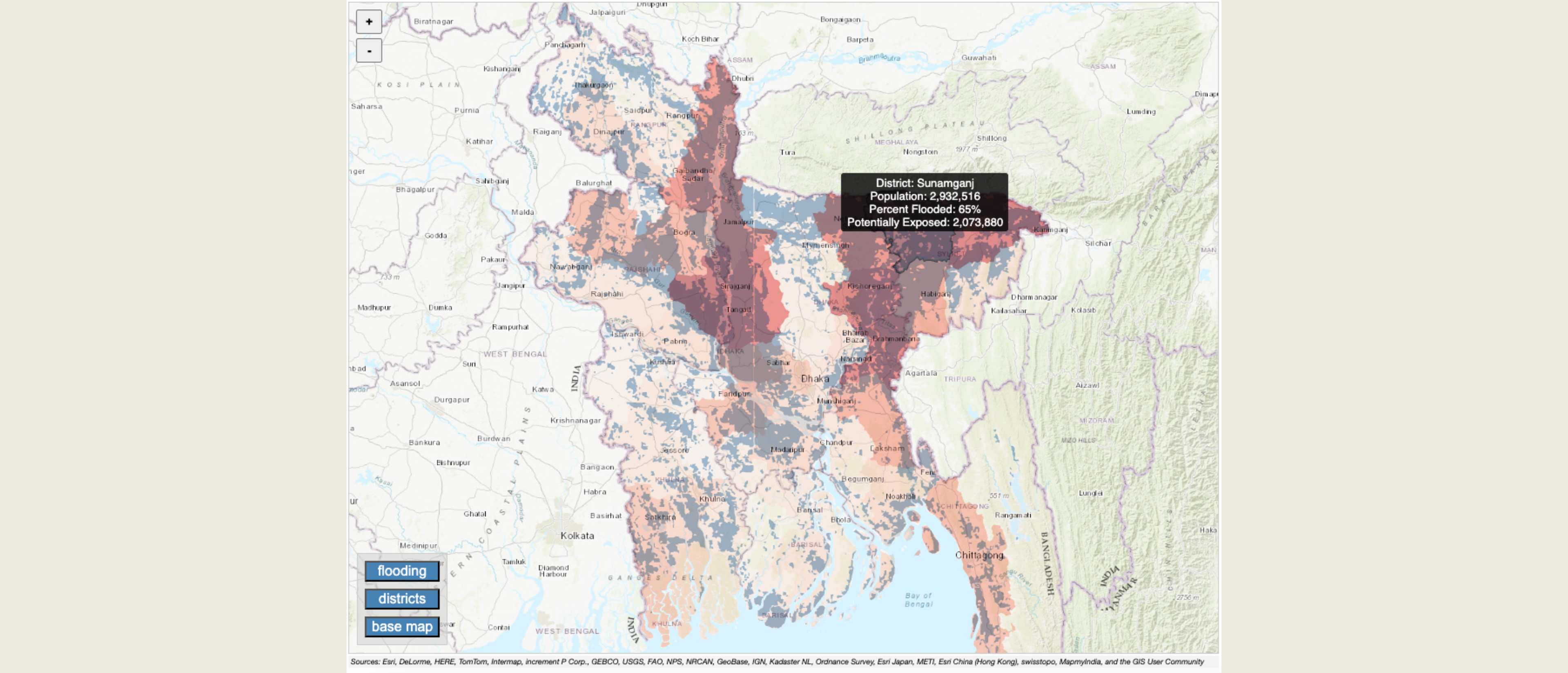 Map of Bangladesh shows flooded areas (in blue) and districts (in red) where population is potentially exposed.