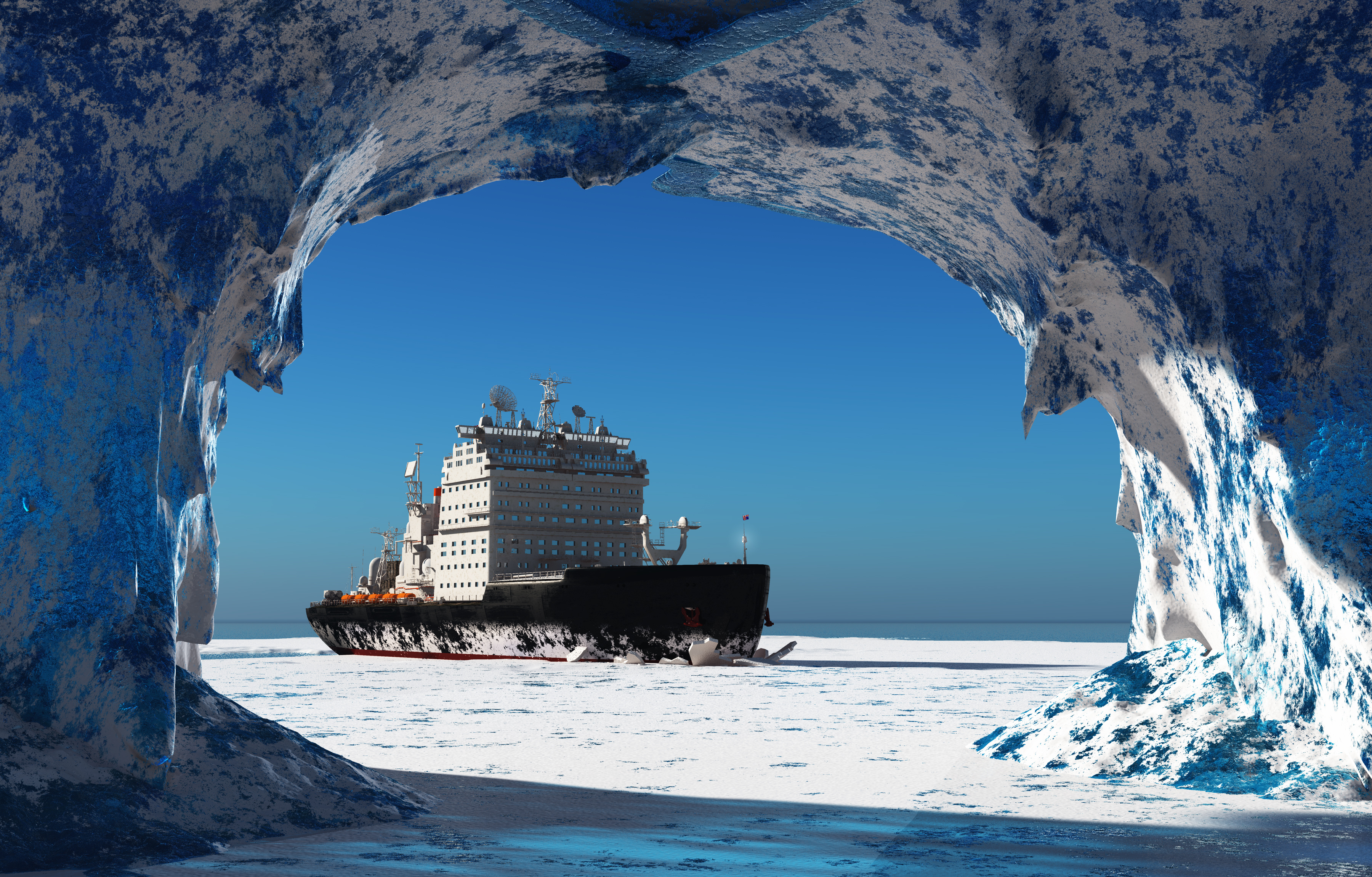 An icebreaker ship leaving an Arctic tunnel.