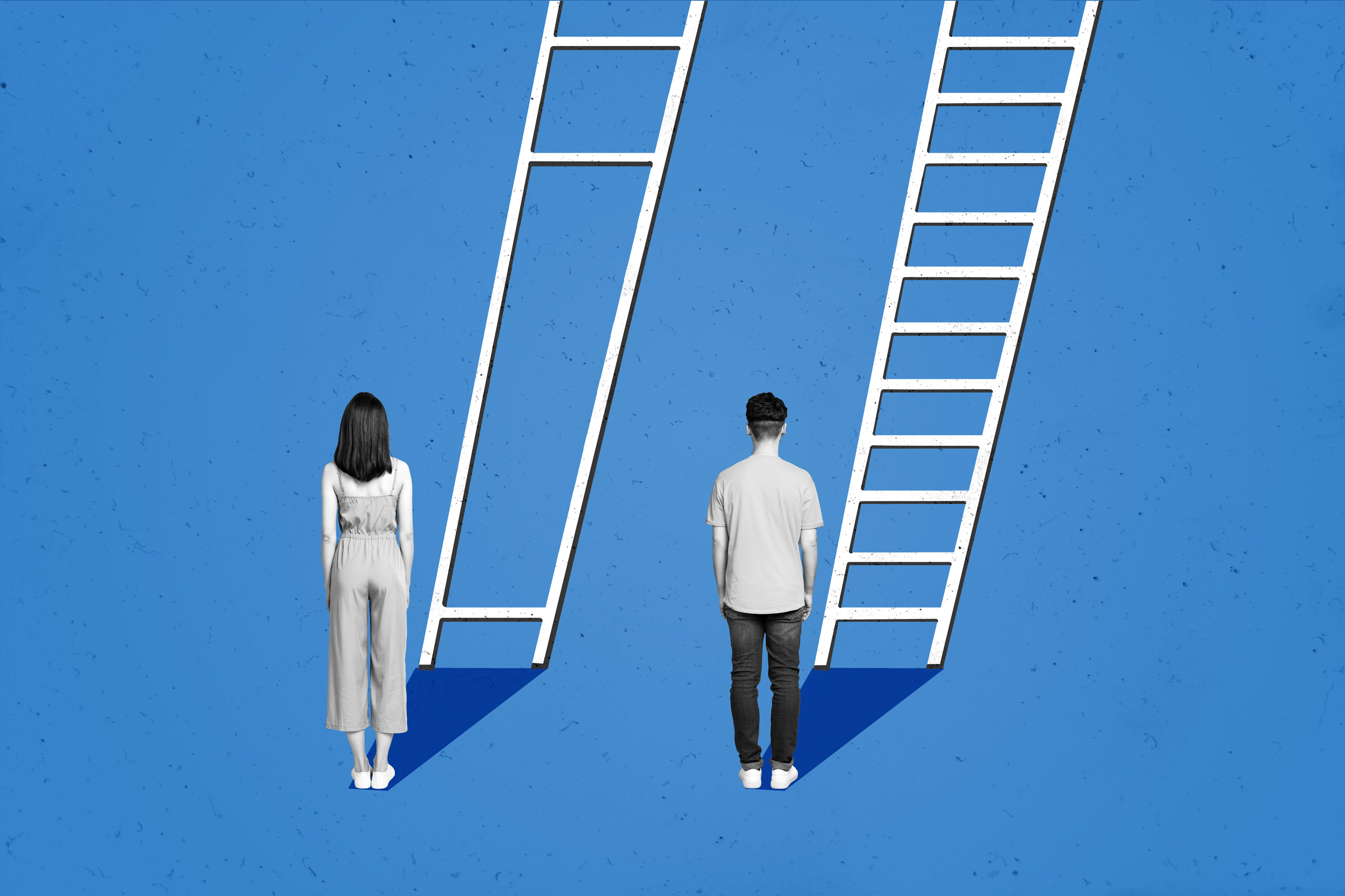 Illustration of two people facing ladders, the man in front of a fully runged ladder and the woman in front of a ladder missing many rungs.