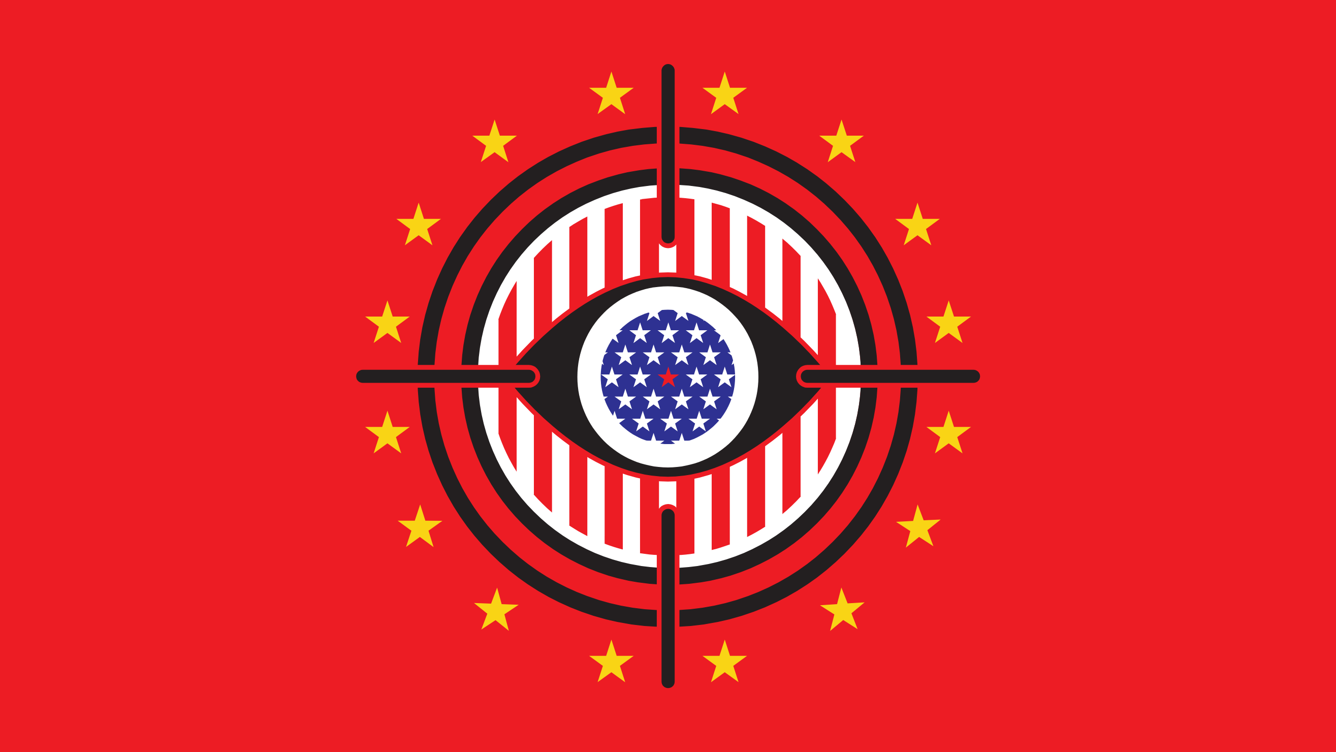 Illustration of a graphic eye (in American flag colors/patterns) in crosshairs surrounded by yellow stars and set against bright red background.
