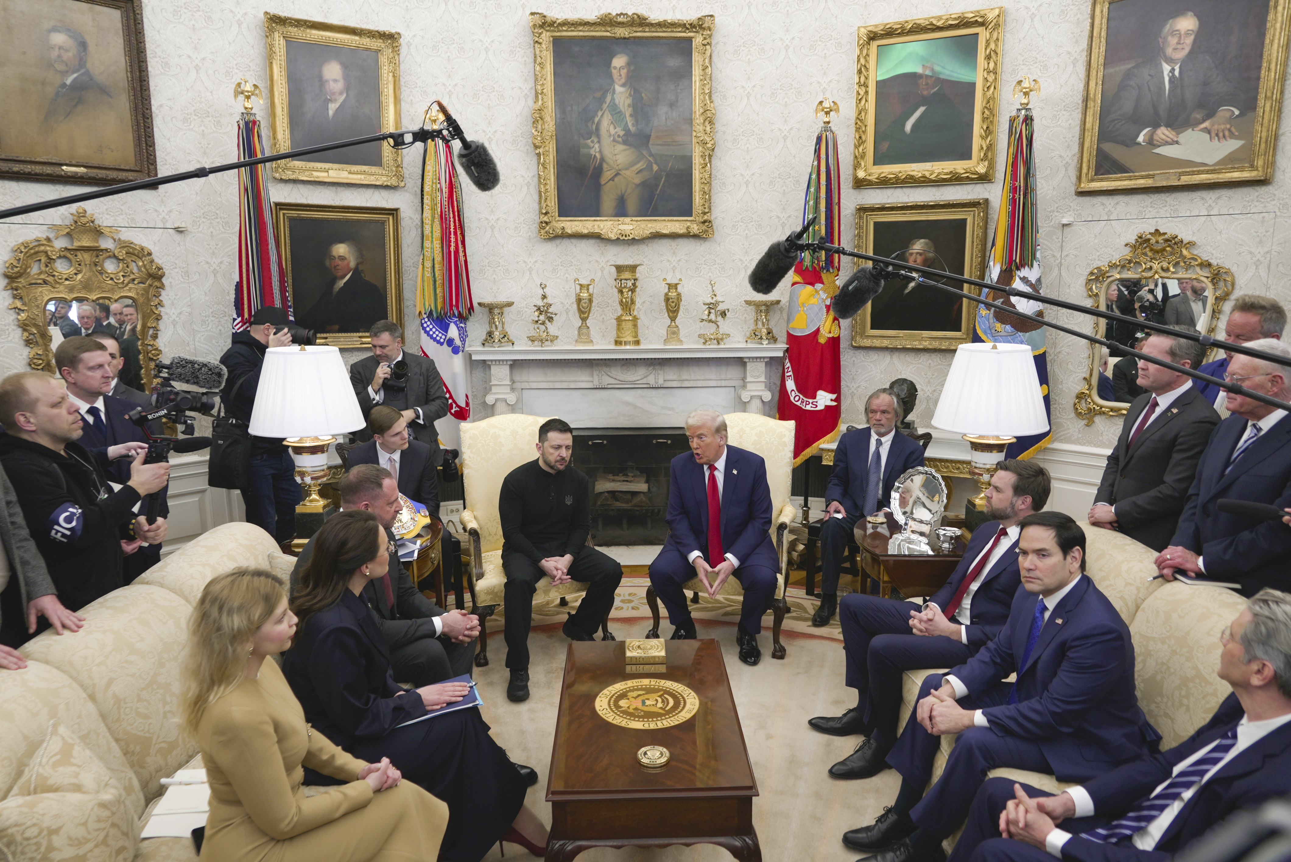 US President Donald Trump meets with Ukrainian President Volodymyr Zelenskyy, as Secretary of State Marco Rubio and Vice President JD Vance listen at the White House Oval Office.