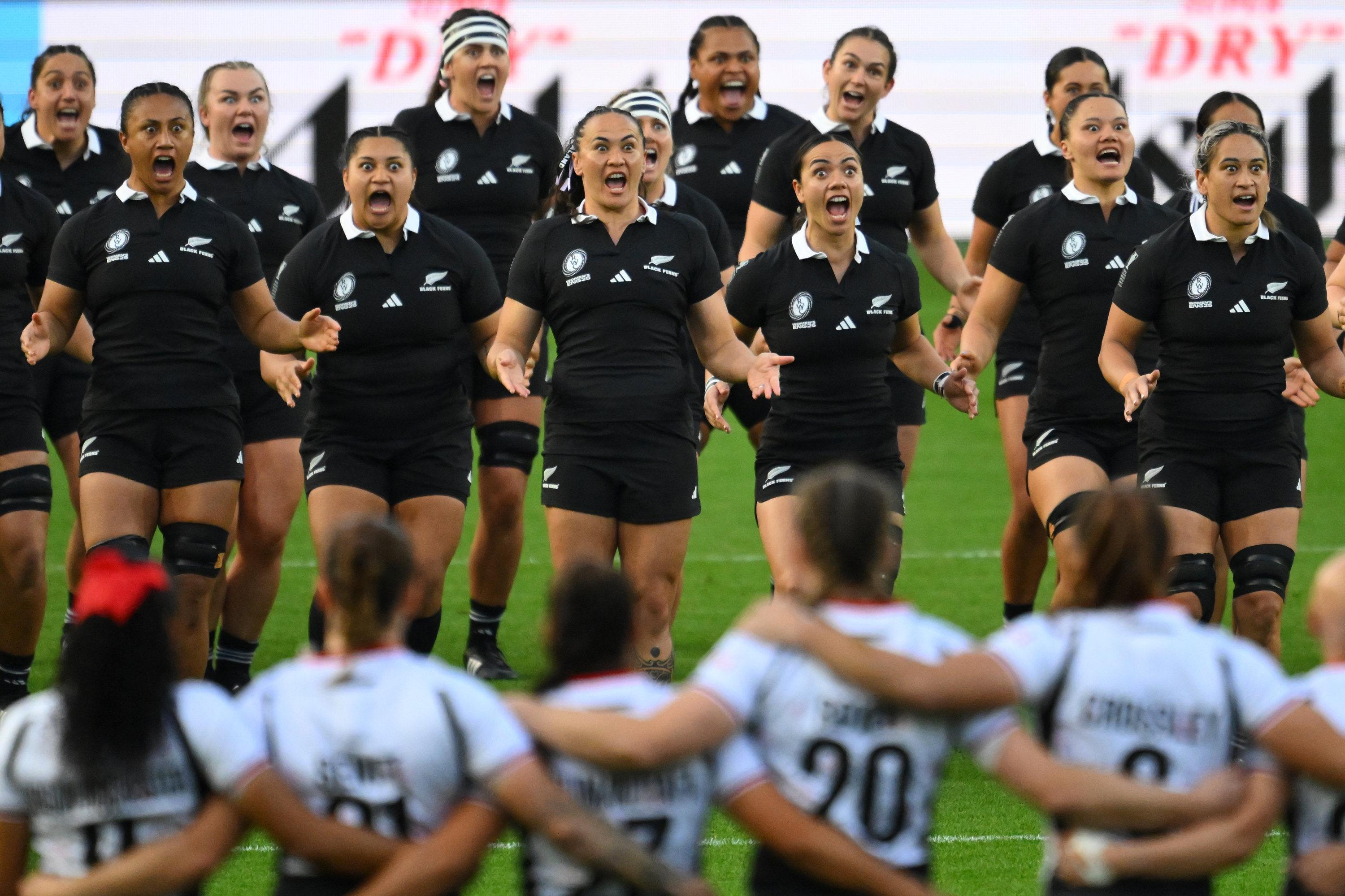 New Zealand’s players perform the Haka dance before the Women's Rugby World Cup 2025 semifinal match.