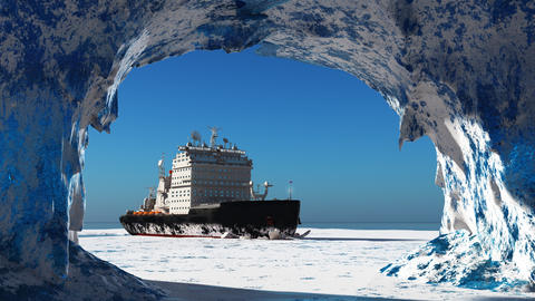 An icebreaker ship leaving an Arctic tunnel.