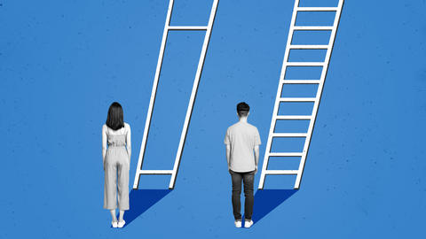 Illustration of two people facing ladders, the man in front of a fully runged ladder and the woman in front of a ladder missing many rungs.