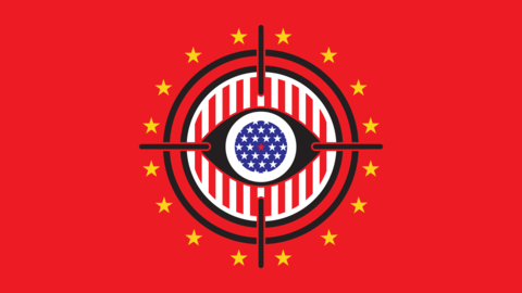 Illustration of a graphic eye (in American flag colors/patterns) in crosshairs surrounded by yellow stars and set against bright red background.