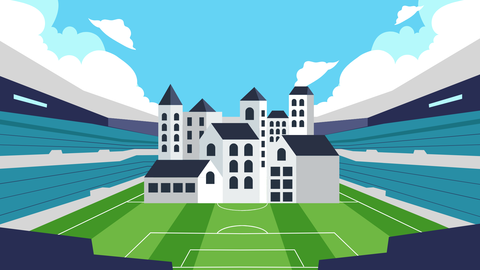 Illustration of housing development sitting in the middle of an athletic field and stadium.