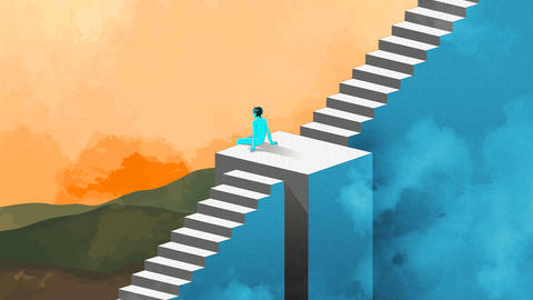 Illustration of a person colored teal sitting on a platform between two flights of stairs, looking toward an orange sunset ahead while on the side of the staircase behind them there are blue clouds and sky.