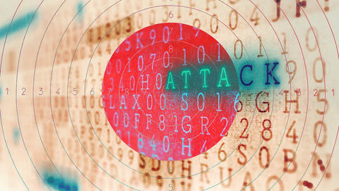 Illustration of rows of random numbers and letters with the word "attack" highlighted in blue, near a red bullseye.