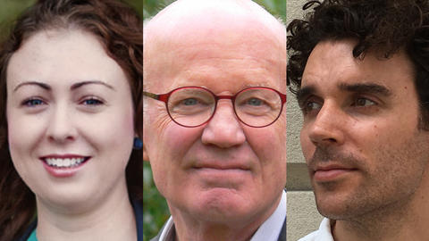 Photo collage of the three guest speakers: Alicia Harley, Robert Paarlberg, and Troy Vettese