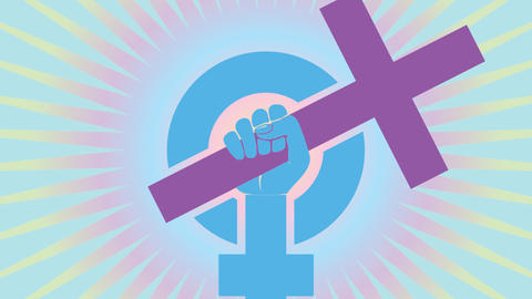 Illustration of blue female symbol with fist holding a purple cross with colored radial lines emanating.