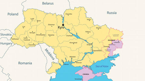 Map of Ukraine with shaded areas of Russian control as of 2014