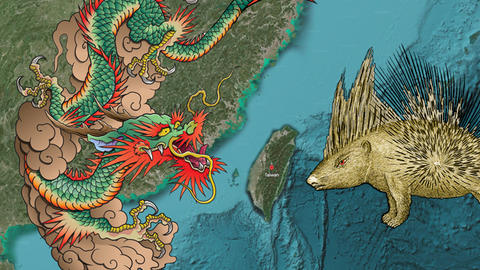 Satellite map of China and Taiwan. A Chinese dragon is on top of China and a porcupine in defensive stance is to the right of Taiwan