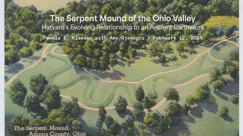 Old postcard of the serpent mound with storymap info overlaid.