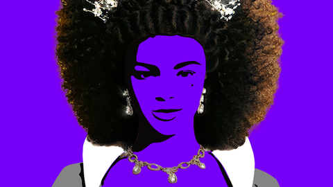 Highly stylized black and white illustration of fictional Queen Charlotte against bright purple background.