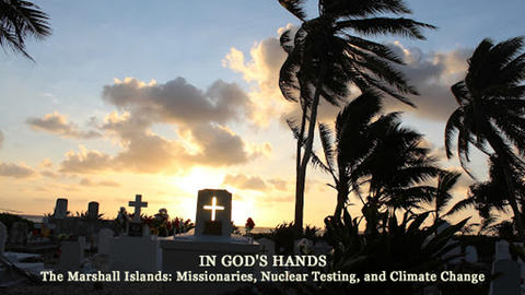 Title slide of the storymap with a background photo of sunlight shining behind a cemetery of gravestones and palm trees