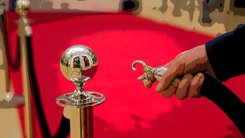 Posterized image of a hand about to close a velvet rope against a red carpet.