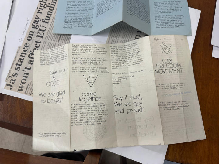 Flyers and newspaper articles on the gay freedom movement spread out on table.