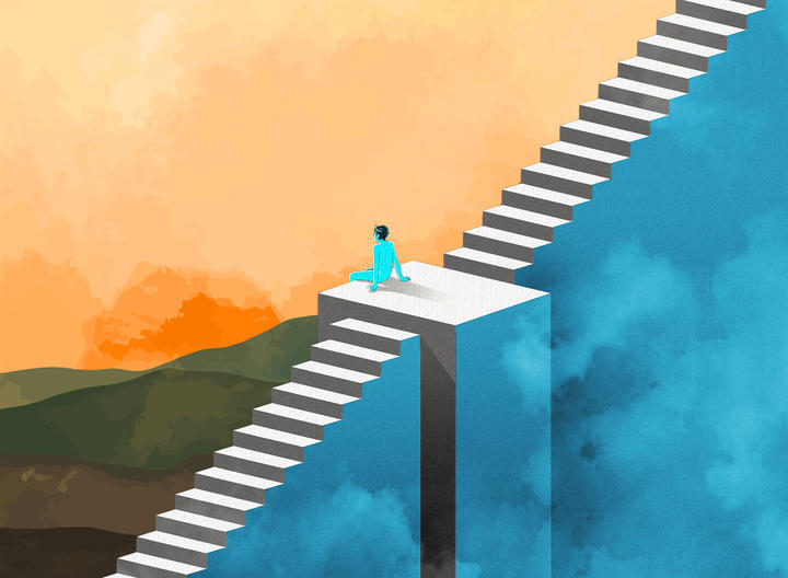 Illustration of a person colored teal sitting on a platform between two flights of stairs, looking toward an orange sunset ahead while on the side of the staircase behind them there are blue clouds and sky.