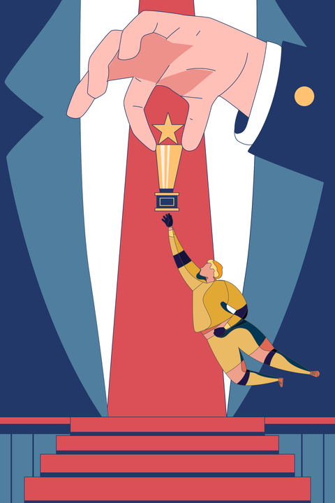 Illustration of a man in suit and tie holding up a gold trophy with a soccer player reaching for it.