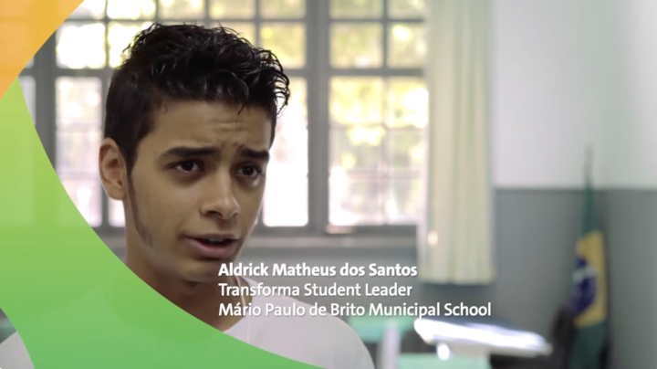 Screenshot of a Transforma student leader speaking to the camera, with his name and school information written near the bottom. 