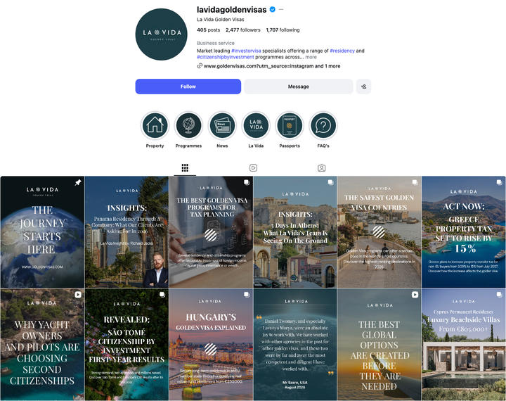 Screenshot of La Vida Golden Visas Instagram profile. 