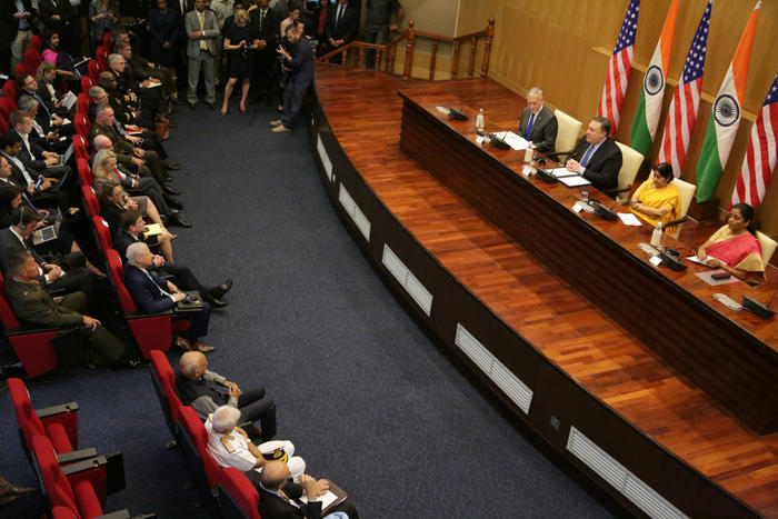 Ken Juster seated in front row at 2+2 dialogue in India while US Secretary of State Michael Pompeo delivers closing remarks
