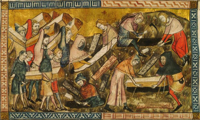 Painting of people of Tournai burying victims of the Black Death, circa 1353