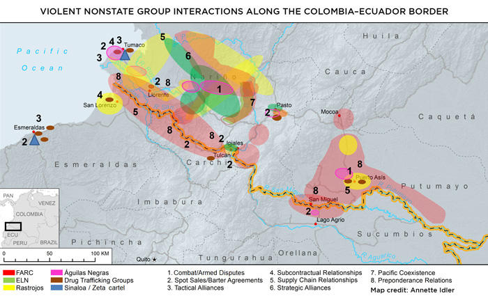 Map of violent nonstate group interactions along the Colombia–Ecuador border