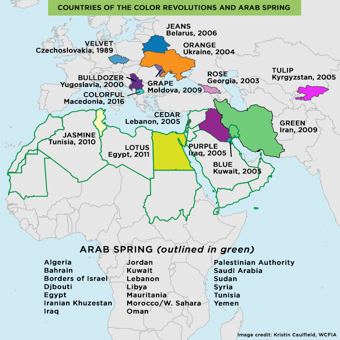 Map of color revolutions in Middle East and Asia