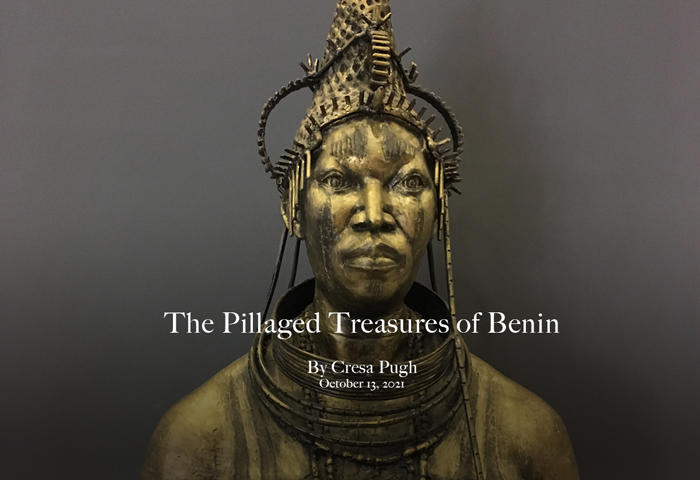 Intro graphic for storymap with photo of benin bronze statue behind the text with title, author, date