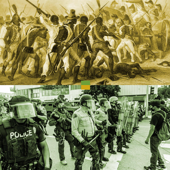 Collage of two images, top image an illustration of Haitian Revolution and bottom image George Floyd protests
