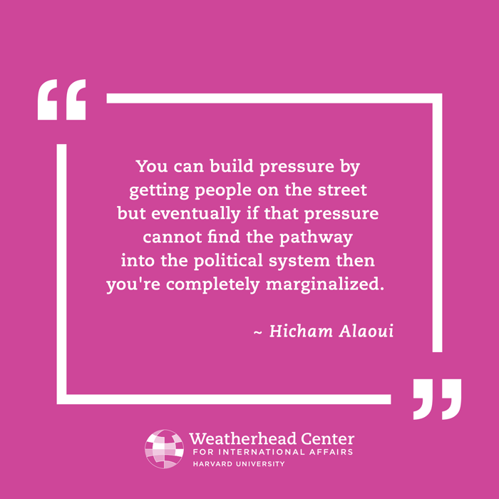 Quotation by Hicham Alaoui on building political pressure on the street but not into the political system