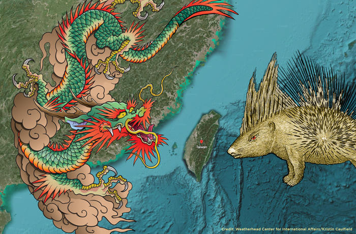 Satellite map of China and Taiwan. A Chinese dragon is on top of China and a porcupine in defensive stance is to the right of Taiwan