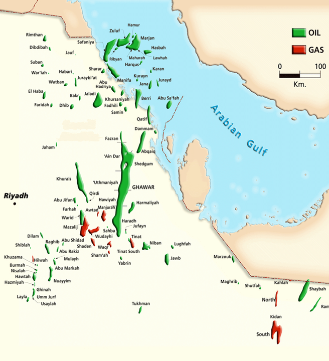 Map showing the location of hydrocarbon fields in east-central Saudi Arabia.