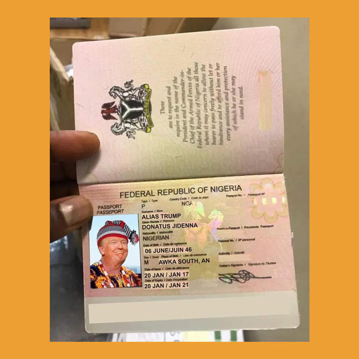 Meme of Donald Trump on Nigerian passport