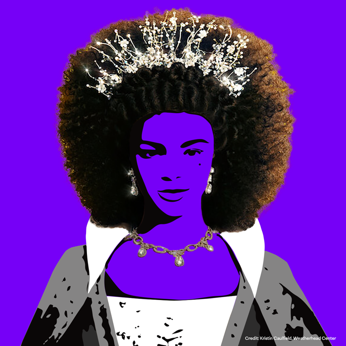 Highly stylized black and white illustration of fictional Queen Charlotte against bright purple background.