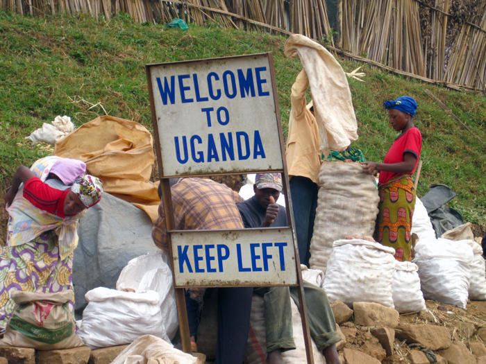 Refugees go through bags behind a 