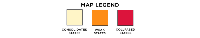 Yellow-Consolidated States; Orange-Weak States; Red-Collapsed States