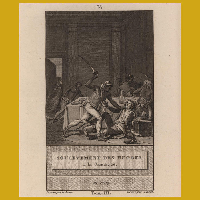 Artwork depicting Jamaican uprising in 1759, with a Black man attacking a White man with a sword at a dinner table