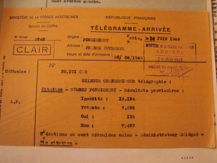 Image of A telegram announcing the results of the referendum in Chandernagore (a former French colony), held on June 19, 1949