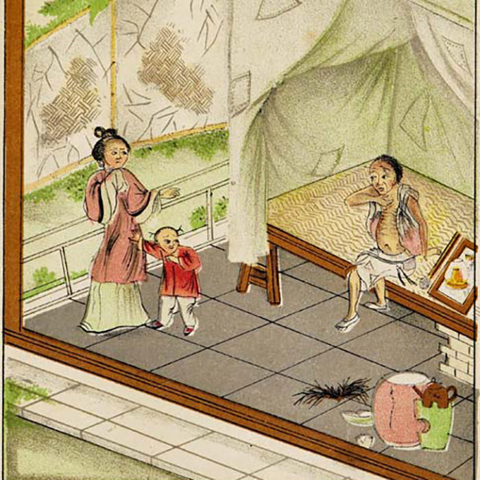 Drawing of woman and child turning away from opium smoker