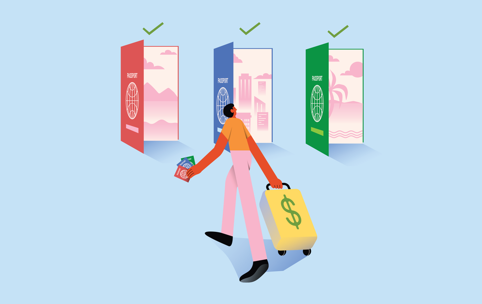 Illustration of a person dragging a suitcase with a dollar sign toward three open doors styled to look like passports. 